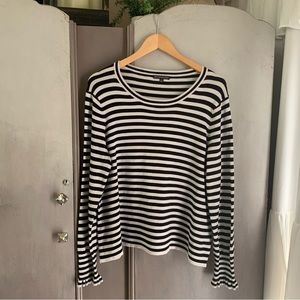 Adrianna Papell Black & White Striped Sweater with Ruffled Cuffs